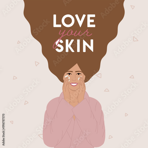 Illustration of woman with facial skin care routine. Love your skin phrase. Home spa concept, self-care ritual, home facial treatment and wellness lifestyle. Hand drawn vector illustration