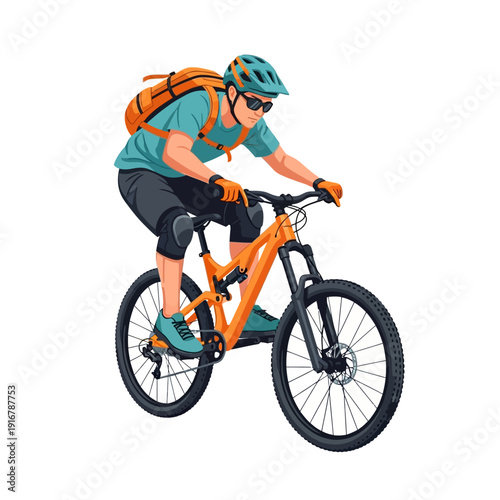Mountain Biker with Orange Bike and Backpack Riding Downhill