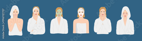 Set of portraits of white woman with facial skin care routine. Home spa concept, self-care ritual, home facial treatment and wellness lifestyle. Hand drawn illustration