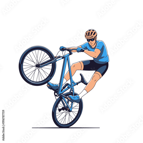 Cyclist performing a wheelie on a bicycle, dynamic action shot, cartoon style