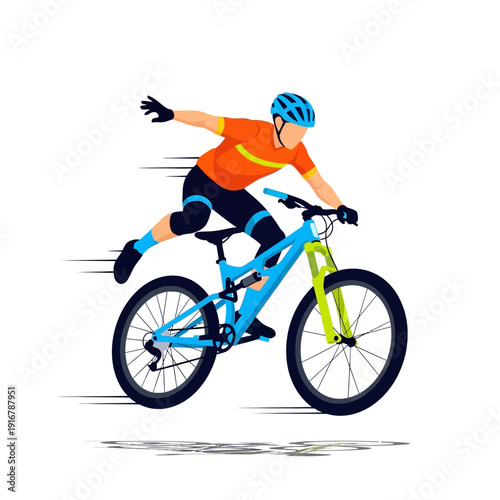 Cyclist performing downhill mountain biking stunt, action sport illustration