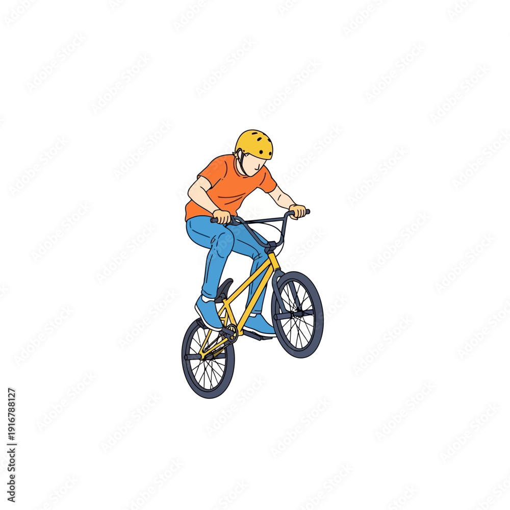 Fototapeta premium BMX Rider Performing a Wheelie Trick on a Yellow Bicycle, Cartoon Style