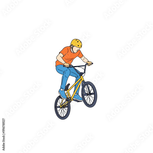 BMX Rider Performing a Wheelie Trick on a Yellow Bicycle, Cartoon Style