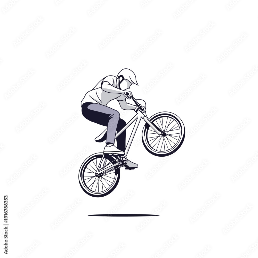 Naklejka premium BMX rider performing a wheelie trick, dynamic action shot, white background