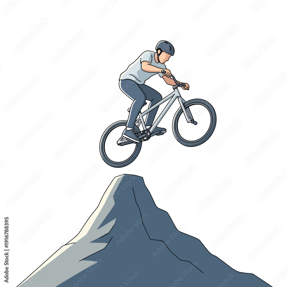 Obraz premium BMX rider jumping over mountain peak, extreme sports action, cartoon style