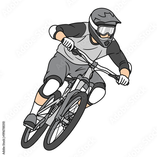 Downhill mountain biker in action, wearing helmet and protective gear, dynamic pose