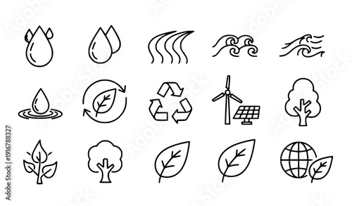 Editable Stroke Water and Eco Line Art Icons
