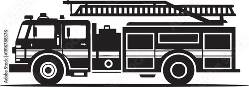 Fire truck silhouette emergency vehicle ladder rescue equipment siren lights side view black graphic