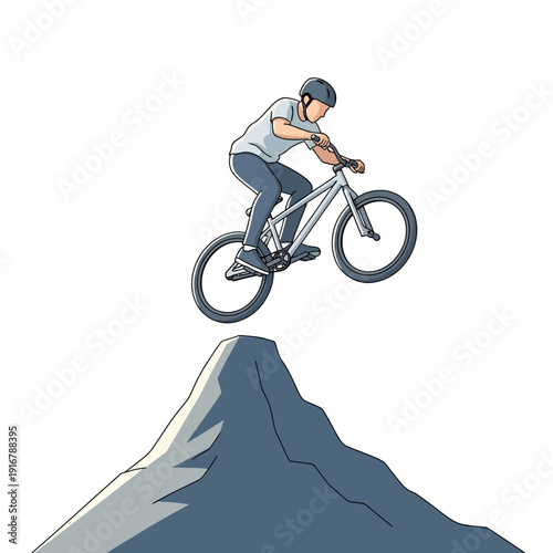 BMX rider jumping over mountain peak, extreme sports action, cartoon style