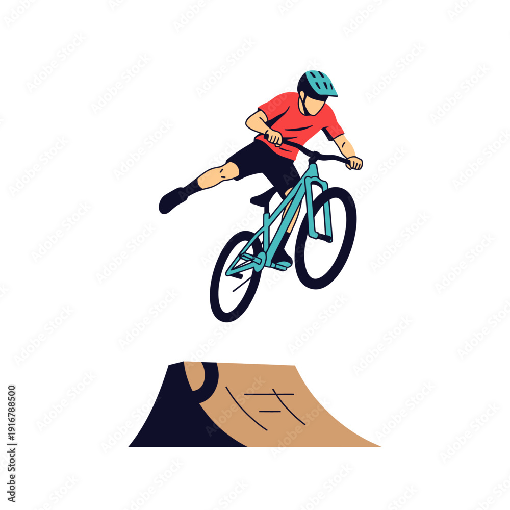 Fototapeta premium Mountain Biker Jumps Ramp, Extreme Sports Bicycle Rider, Aerobatic Trick