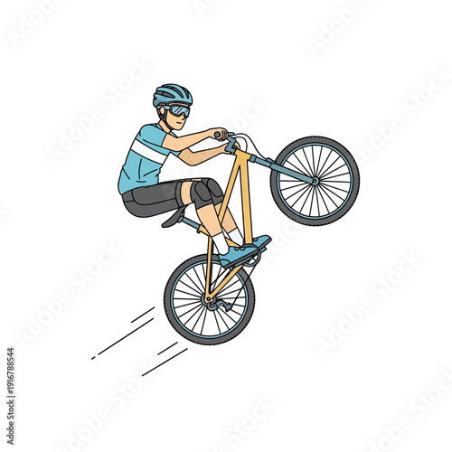 Cyclist performing a wheelie on a bicycle, cartoon style, isolated on white background