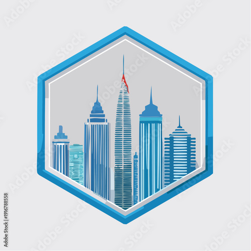 Stylized cityscape with skyscrapers in a hexagonal frame.