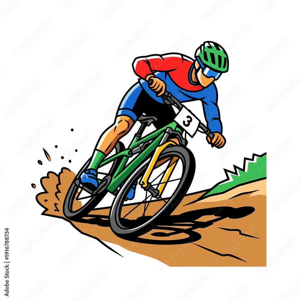 Fototapeta premium Mountain Biker Racing Downhill Trail, Dynamic Action Illustration
