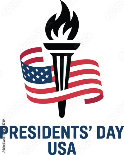 Iconic torch with american flag ribbon, presidents day usa theme, flame symbol of liberty