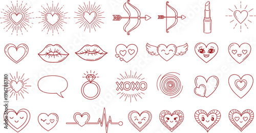 Valentine love heart icons set cupid arrow lips ring romance romantic symbols red line vector illustration collection design