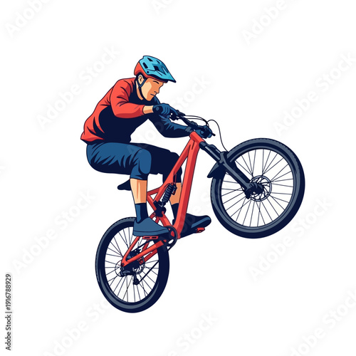 Mountain biker performing a wheelie on a red bike, wearing a helmet and sportswear.