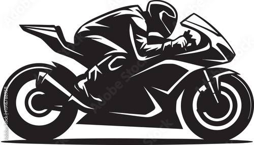 Black silhouette of motorcycle racer speeding on track, dynamic vector art