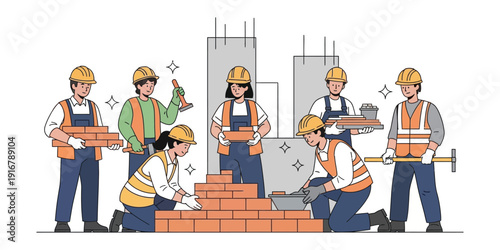 illustration of a group of construction workers building a wall