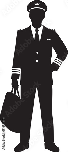 Black silhouette of airline pilot in uniform holding travel bag, professional vector