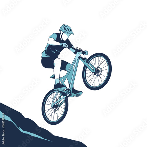 Mountain biker performing a wheelie on a steep downhill slope, illustration.