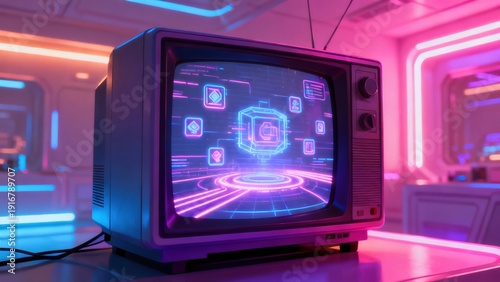 Retro television displaying futuristic digital interface with cyber neon lights