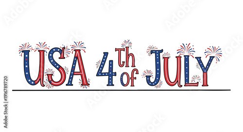USA 4th of July patriotic text with fireworks, isolated on transparent background