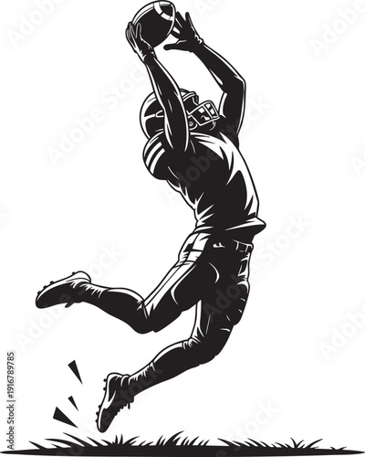 Football player catching ball mid-air in game silhouette wearing helmet and uniform vector illustration