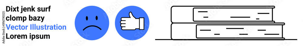 Fototapeta premium Learning, evaluation, feedback, education, decision-making, mood . Blue thumbs-up and frown icons with a stack of books. Learning and evaluation concept