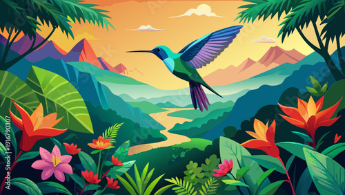 Very beautiful green violetear hummingbird hovering beside vivid red and yellow blossoms, surrounded by lush mountain rainforest scenery, portraying a lively tropical habitat rich with biodiversity an