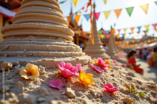 Sand Pagoda Detail at Songkran Festival: Vibrant Colors and Cultural Tradition in Thailand