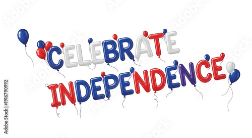 Patriotic celebrate independence banner with balloons. Vector illustration for 4th of July or American holiday. Red, white and blue festive decoration.