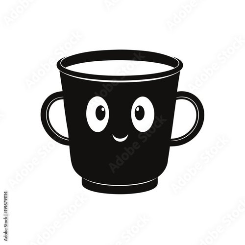 A cute animated coffee cup with big eyes and a smiling face