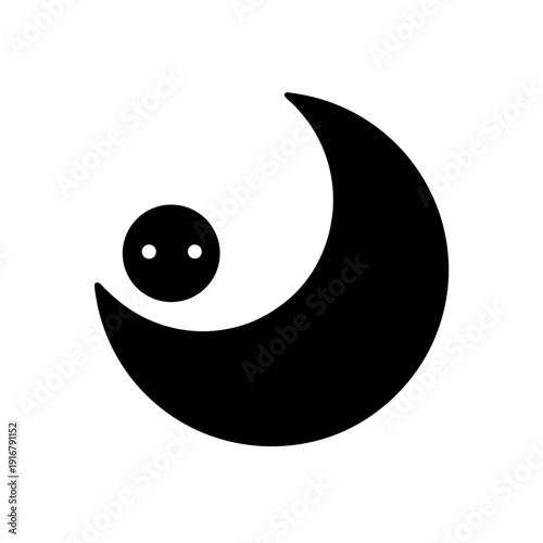 A minimalist black and white illustration of a crescent moon with an eye