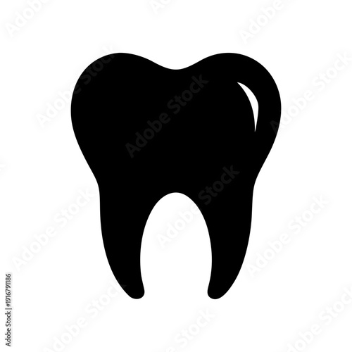A stylized black silhouette of a single molar tooth with a smooth surface and sharp edges