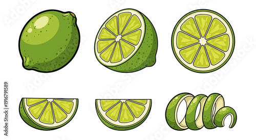 Cartoon Lime Fruit Set with Wedges and Peel 
