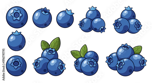 Blueberries Collection with Leaves Cartoon Vector Illustration Set