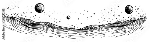 Planets and space landscape hand drawn sketch