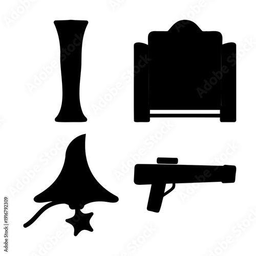 A minimalistic black and white graphic depicting the phrase 'i love ray gun' using symbolic silhouettes