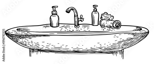 Bathroom sink with soap and towel sketch