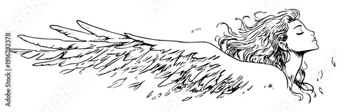 Angel with wings female face sketch drawing