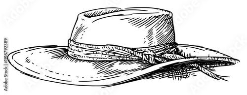 Wide brim straw hat hand drawn illustration