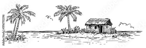Tropical hut with palm trees sketch