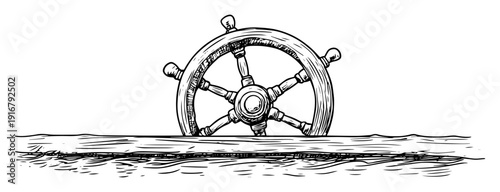 Ship steering wheel on water sketch