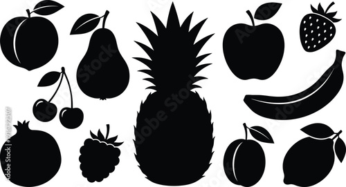 Stylized black silhouette illustration of assorted fruits including apple, pear, banana, pineapple, strawberry, and citrus, symbolizing healthy nutrition