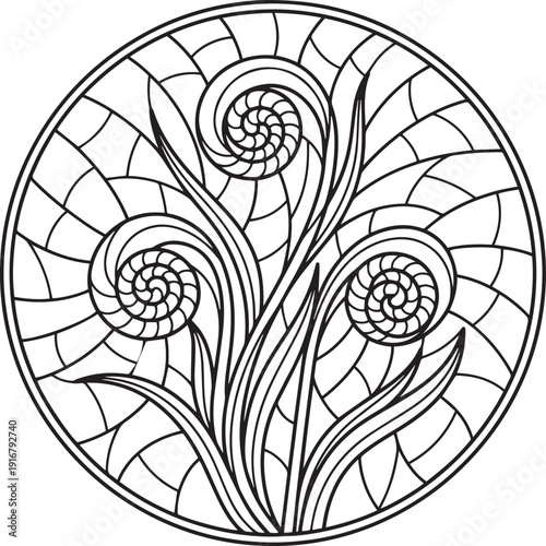 Three spiral fern fronds in a circular stained glass inspired design