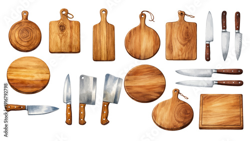 A charming watercolor collection of rustic kitchen essentials, including wooden cutting boards, chef knives, meat cleavers, and handcrafted culinary tools.