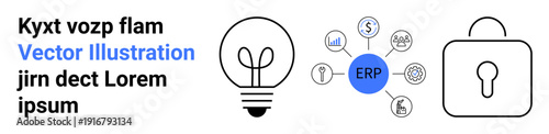 Business software, enterprise solutions, data integration, security, innovation, digital transformation. Light bulb, ERP hub with icons padlock. Business software and data integration concept