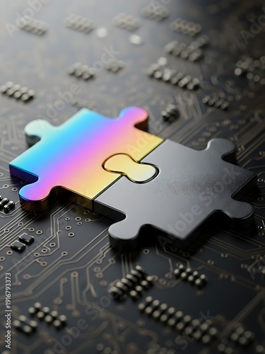 Two metallic puzzle pieces connecting representation of technological solutions and digital integration, depicted by two fitting puzzle pieces resting on a dark electronic circuit board, highlighting