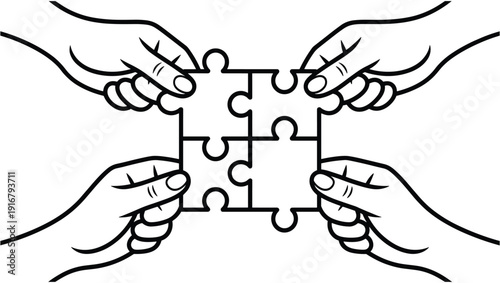 Four hands collaboratively connecting jigsaw puzzle pieces to form a complete picture symbolizing teamwork and partnership