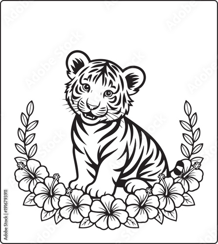 Cute animal with beautiful flowers coloring page for kids and adults, black line art vector illustration for 
activity page or book design